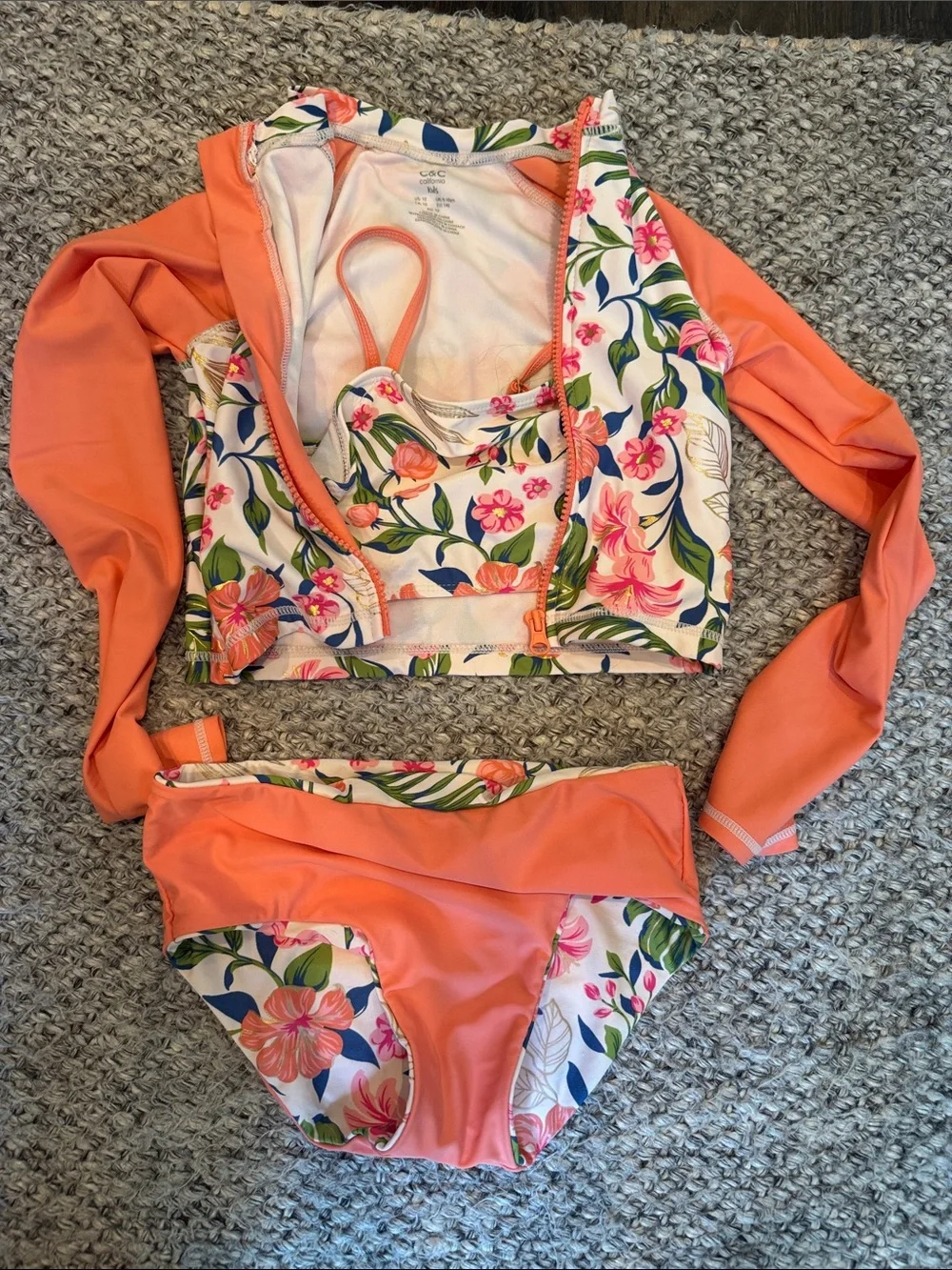 Like New - C&C California Tropical Floral 3-Piece Girls Swim Set, Size 9-10